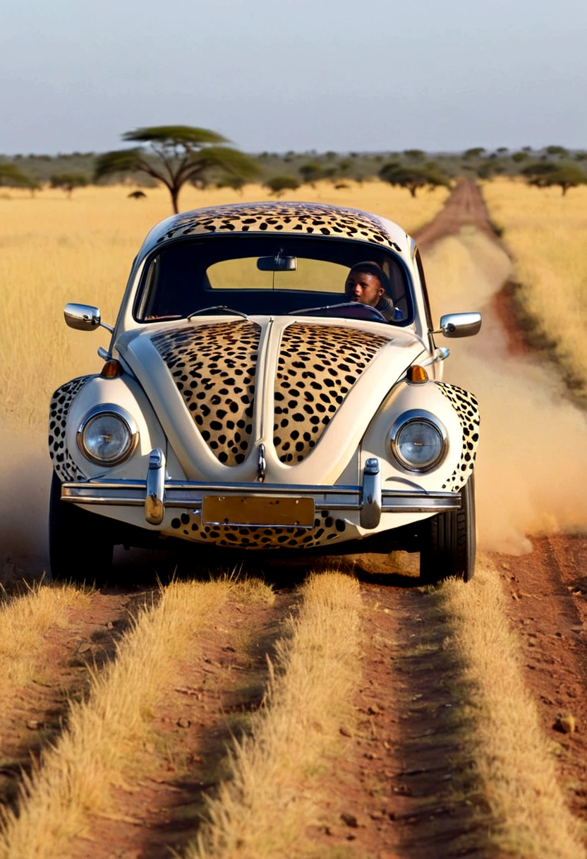 A Volkswagen beetle (Cheetah paint scheme, feline eye headlights, cheetah tail) is chasing an impala on the plains of Africa