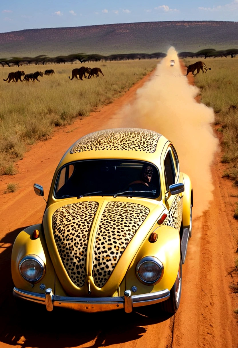 A Volkswagen beetle (Cheetah paint scheme, feline eye headlights, cheetah tail) is chasing an impala on the plains of Africa
