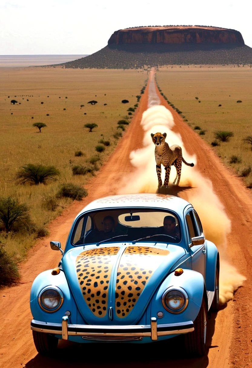 A Volkswagen beetle (Cheetah paint scheme, feline eye headlights, cheetah tail) is chasing an impala on the plains of Africa
