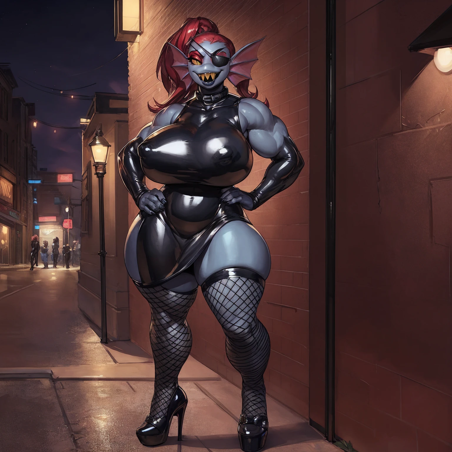 solo, 1girl, undyne, female, milf, older, (????????????:1.1), wide ????, (big bottom lip:1.3), (black lip gloss:1.3), black leather collar, blue eyeshadow, curvy, (black dress:1.3), (black latex dress:1.6), (thighs exposed), (?????? outline:0.8), (black heels:1.4), (fishnet stockings:1.3), (street corner:1.4), hands on ????, late night, street light, standing upright, very tall, yellow teeth, sharp teeth, laughing, black eye patch, looking at viewer, by darkgem, by kevinsano, by BNG,