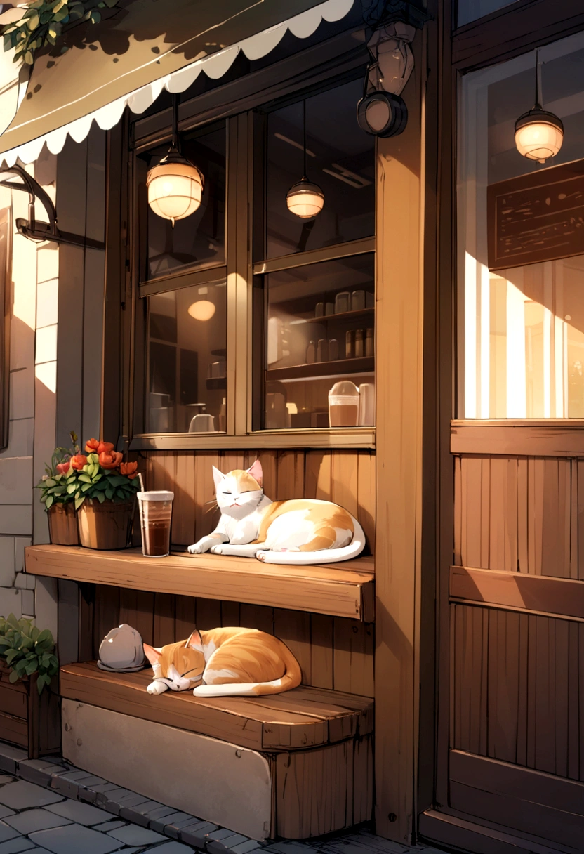 Brown and white cat sleeping in front of a cafe