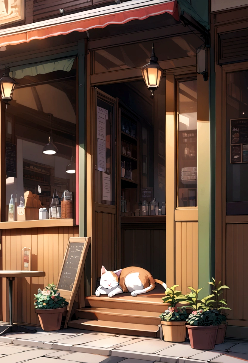 Brown and white cat sleeping in front of a cafe