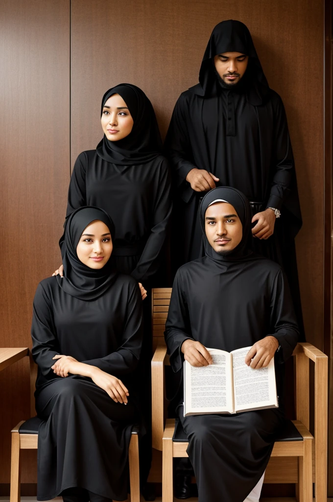 A man and a woman wearing a hijab and a black dress sitting on a chair facing the front and on the wall is written izal siti real listic