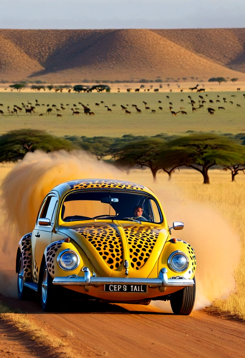 A Volkswagen beetle (Cheetah paint scheme, feline eye headlights, cheetah tail) is chasing an impala on the plains of Africa