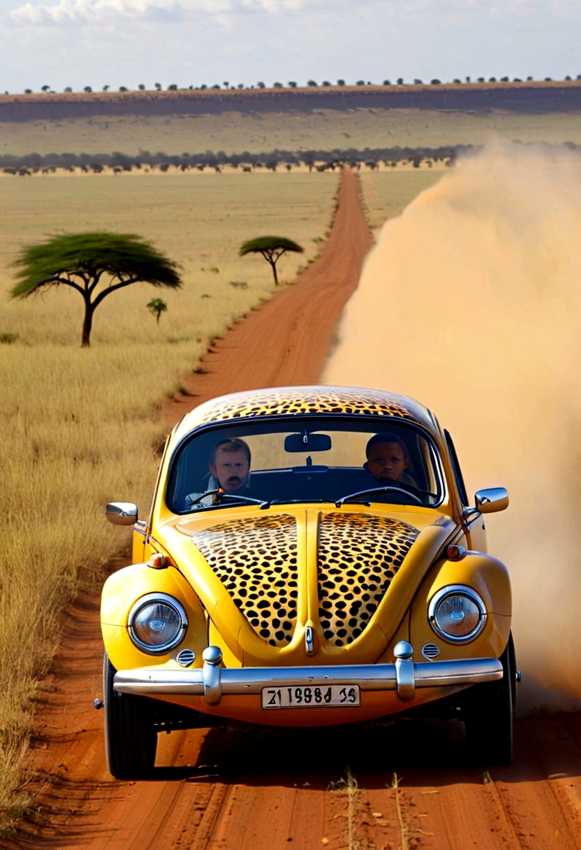 A Volkswagen beetle (Cheetah paint scheme, feline eye headlights, cheetah tail) is chasing an impala on the plains of Africa