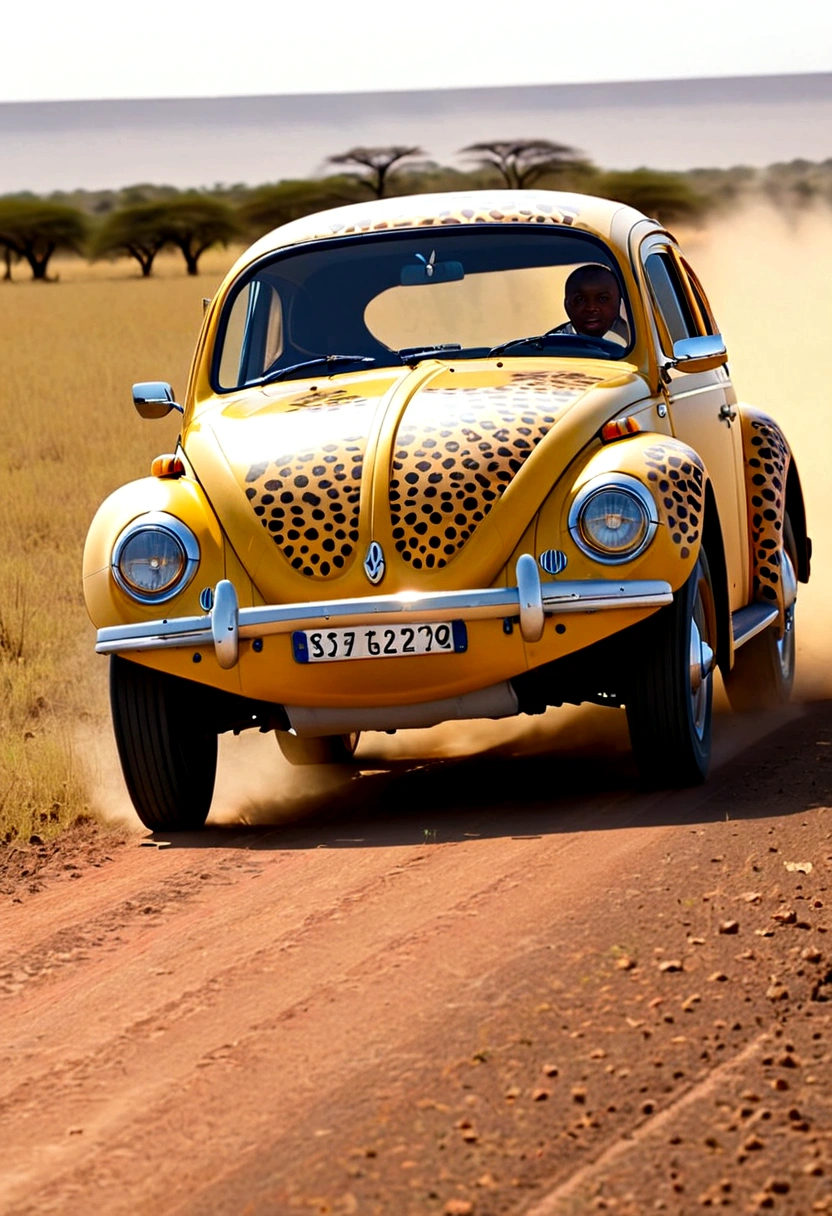 A Volkswagen beetle (Cheetah paint scheme, feline eye headlights, cheetah tail) is chasing an impala on the plains of Africa
