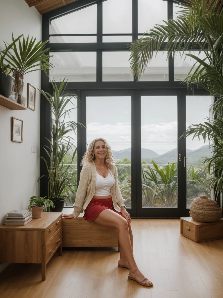 Dawn Zulueta, a solo photorealistic of Dawn Zulueta, Mature woman, (((45 years old woman))), (((Swedish brown eyes))), Swedish lips, Swedish high nose, (((with body and face wrinkle))), (((Swedish light blond long wavy curly blond hair))), (((In her minimalist tropical-themed living room, she sits seductively amidst an atmosphere of tranquility and natural beauty. The room is designed with clean lines, neutral colors, and an abundance of greenery, evoking a sense of calm reminiscent of a tropical retreat. Large windows frame a breathtaking view of a staircase, perhaps adorned with plants or featuring natural materials like wood and stone. The staircase leads to another level of the home, enhancing the feeling of openness and connection to the outdoors.))), (((she is wearing a horizontal stripe knitted coordinates, color white chunky Crop Cardigan; Color red kniited Mini Skirt, The cardigan is open that exposed her breast))), Let your face light up with a wide smile, crinkling your eyes at the corners and showing off your teeth. Radiate happiness and warmth., (((dynamic pose)))