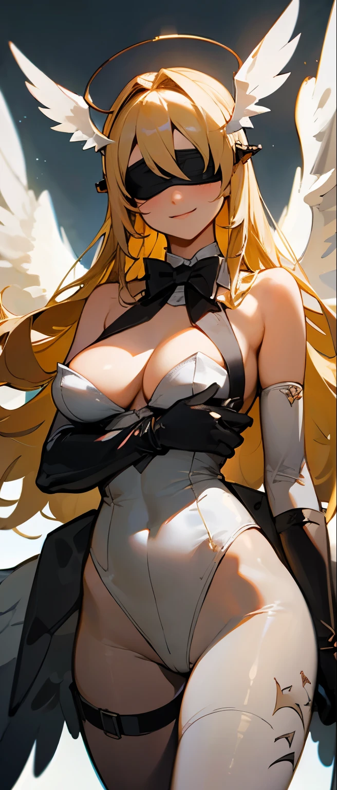 Angel Gate, Long hair, helmet, Blonde hair, breast, Blindfold, wing, angel wing, multiple wing, Gloves, Bare shoulders, head wing, large breast, winged helmet, Pantyhose, Strapless bodysuit, bow tie, Smile, Cowboy shooting, Very detailed, HD, 4K, masterpiece, high resolution