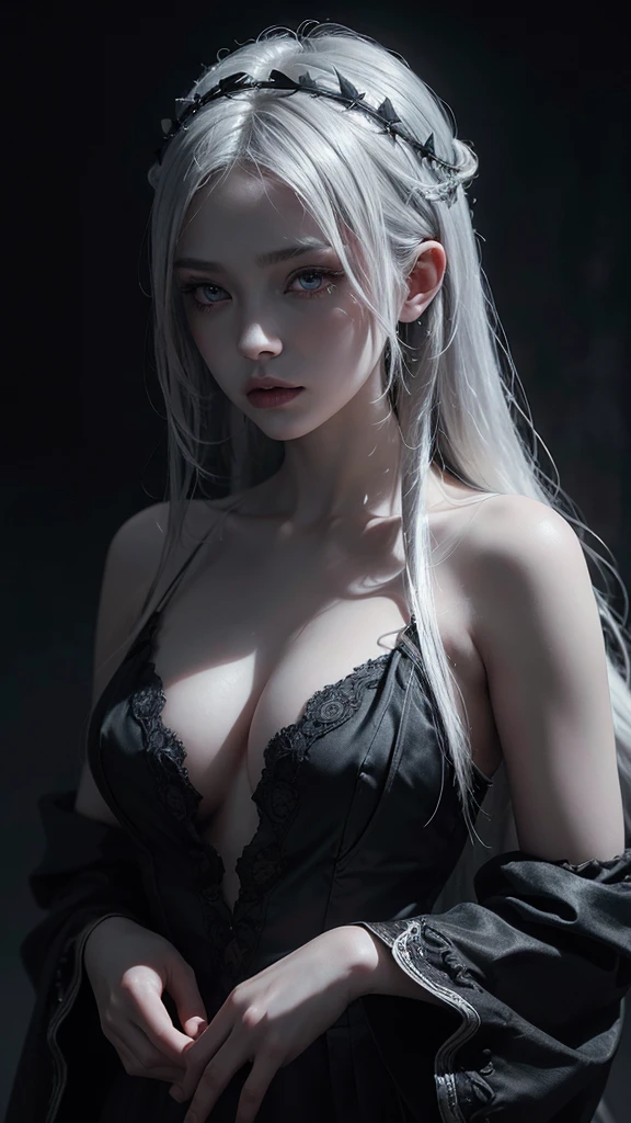 ethereal gothic horror,girl with flowing silver hair,pale skin,elegant gothic lolita fashion,dramatic lighting,dark moody atmosphere,(best quality,4k,8k,highres,masterpiece:1.2),ultra-detailed,(realistic,photorealistic,photo-realistic:1.37),dramatic chiaroscuro lighting,dark fantasy,dramatic shadows,intricate details,porcelain skin,delicate features,translucent skin,dramatic fog effects,haunting beauty,cinematic composition,dark and moody colors,highly detailed facial features,dark and somber color palette,dramatic lighting and shadows