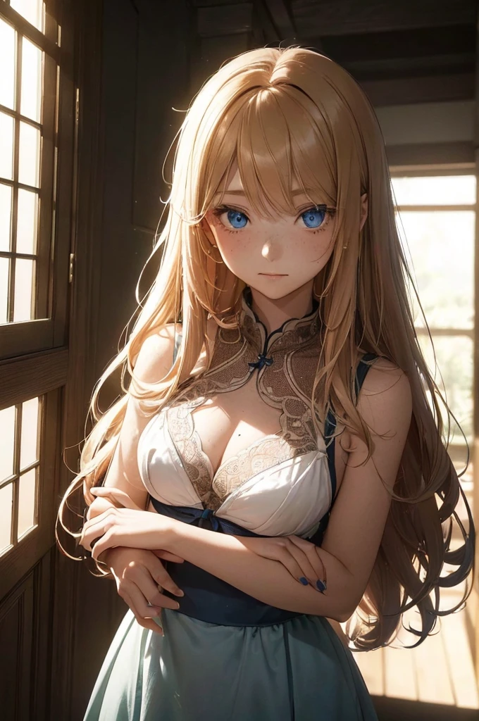 ((1 Female, 1 person, Solitary) Alice, Humanity, Long curly blond hair, blue eyes, freckle, ager, 18 years, Rebirth_ongoing) (Main Part, Super detailed, 8K, (HD, Sunlight:0.5, Soft_shadow:0.5, atmosphere_light, 8K, 4K, Surrealism, elegant, ((((Appearance)))), Soft Ton, 柔和的light))(((Dark, Chiaroscuro)))