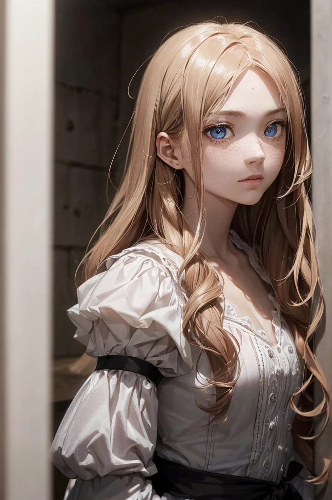 ((1 Female, 1 person, Solitary) Alice,  Humanity, Long curly blond hair, blue eyes, freckle, teenager, 18 years, Rebirth_ongoing) (Main Part, Super detailed, 8K, (HD, Sunlight:0.5, Soft_shadow:0.5, atmosphere_light, 8K, 4K, Surrealism, elegant, ((((Appearance)))), Soft Ton, 柔和的light))(((Dark, Chiaroscuro)))