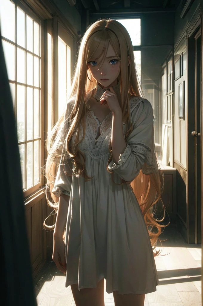 ((1 Female, 1 person, Solitary) Alice,  Humanity, Long curly blond hair, blue eyes, freckle, teenager, 18 years, Rebirth_ongoing) (Main Part, Super detailed, 8K, (HD, Sunlight:0.5, Soft_shadow:0.5, atmosphere_light, 8K, 4K, Surrealism, elegant, ((((Appearance)))), Soft Ton, 柔和的light))(((Dark, Chiaroscuro)))