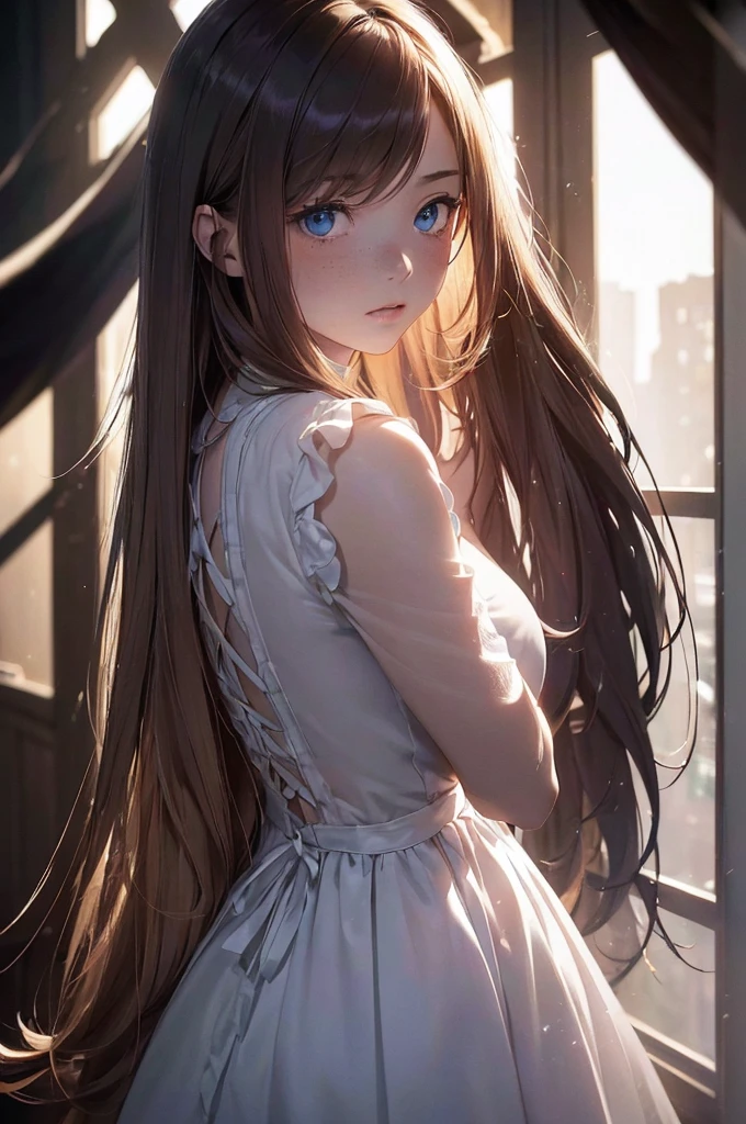 ((1 Female, 1 person, Solitary) Alice, Humanity, Long curly blond hair, blue eyes, freckle, ager, 18 years, Rebirth_ongoing) (Main Part, Super detailed, 8K, (HD, Sunlight:0.5, Soft_shadow:0.5, atmosphere_light, 8K, 4K, Surrealism, elegant, ((((Appearance)))), Soft Ton, 柔和的light))(((Dark, Chiaroscuro)))