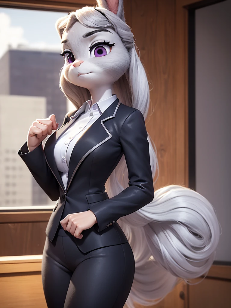 best quality, masterpiece, 3D anime, (((solo))), (((1girl))), ((Face is JudyHopps)), (long ears like a rabbit:0.8), Heir is black ponytail style, Body is human lady, Navy blue business suit, Tailored jacket, White blouse, Skirt, (the suit is made of wool:1.4), suit color is {gray, black, stripe}, ((skin is silver with fluffy and fluffy)), (portrait view), In the background there is a office space, Her expression shows subtle makeup, with a sense of nervousness and determination, ((A nervous expression))