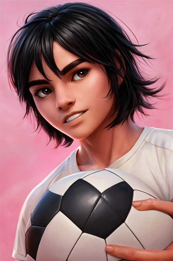 ((best quality)), ((masterpiece)), (detailed), perfect face tender with black hair playing soccer on a field pink background with soccer field