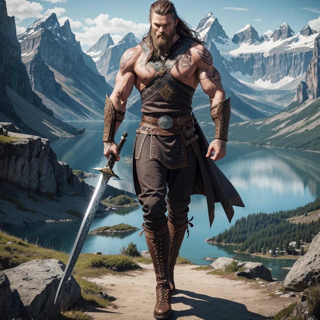 Vector design one black tatto Viking left arm, a full body muscular Viking man, muscular legs, holding just one big Viking sword in his right hand, perfect hands, brown hair parted with bangs, perfect realistic blue eyes, wearing warrior leather boot, wearing warrior boots, lake and mountains in the background.