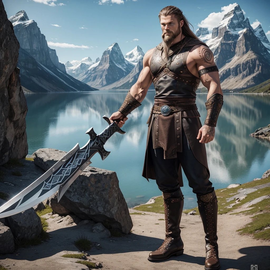 Vector design one black tatto Viking left arm, a full body muscular Viking man, muscular legs, holding just one big Viking sword in his right hand, perfect hands, brown hair parted with bangs, perfect realistic blue eyes, wearing warrior leather boot, wearing warrior boots, lake and mountains in the background.