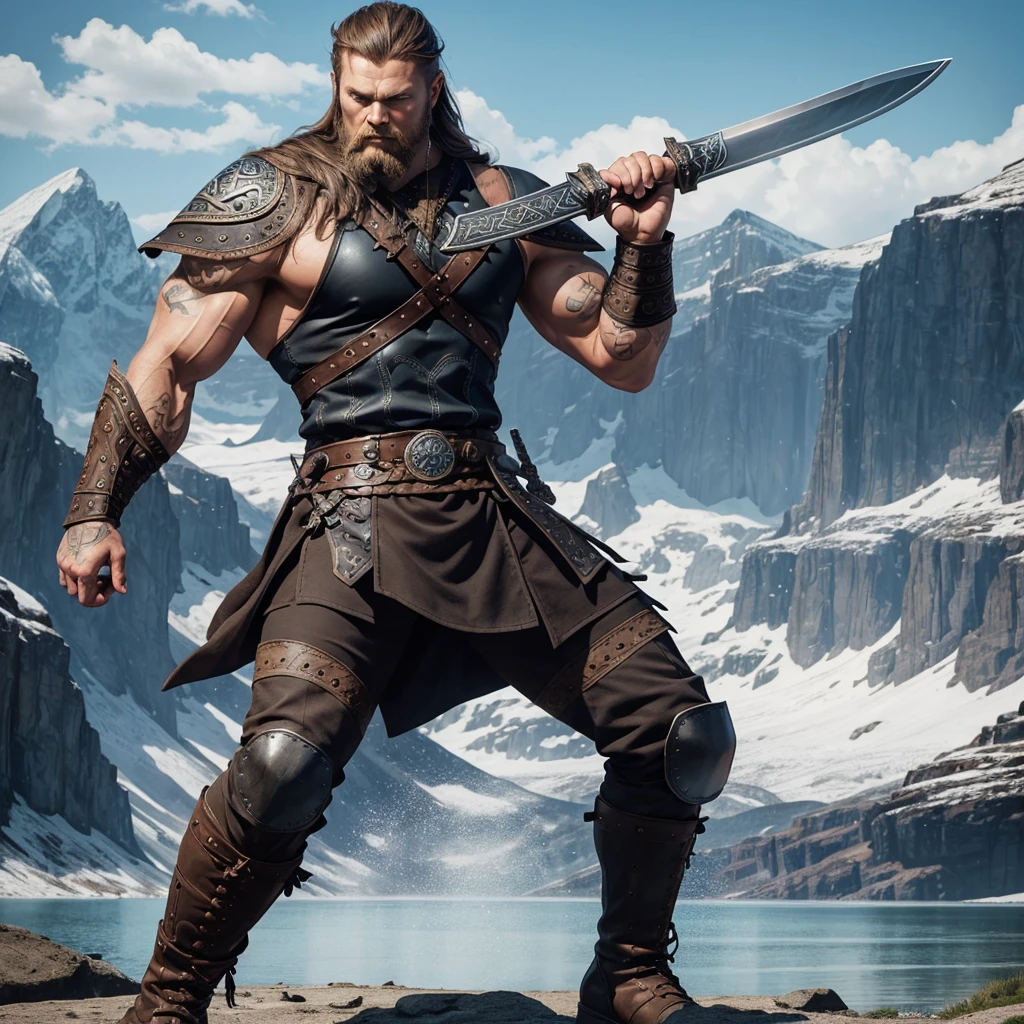 Vector design one black tatto Viking left arm, a full body muscular Viking man, muscular legs, holding just one big Viking sword in his right hand, perfect hands, brown hair parted with bangs, perfect realistic blue eyes, wearing warrior leather boot, wearing warrior boots, lake and mountains in the background.

