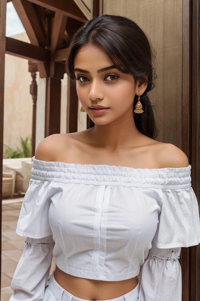 ((best quality)), ((masterpiece)), (detailed), 
Indian  1girl, off-shoulder shirts , 
