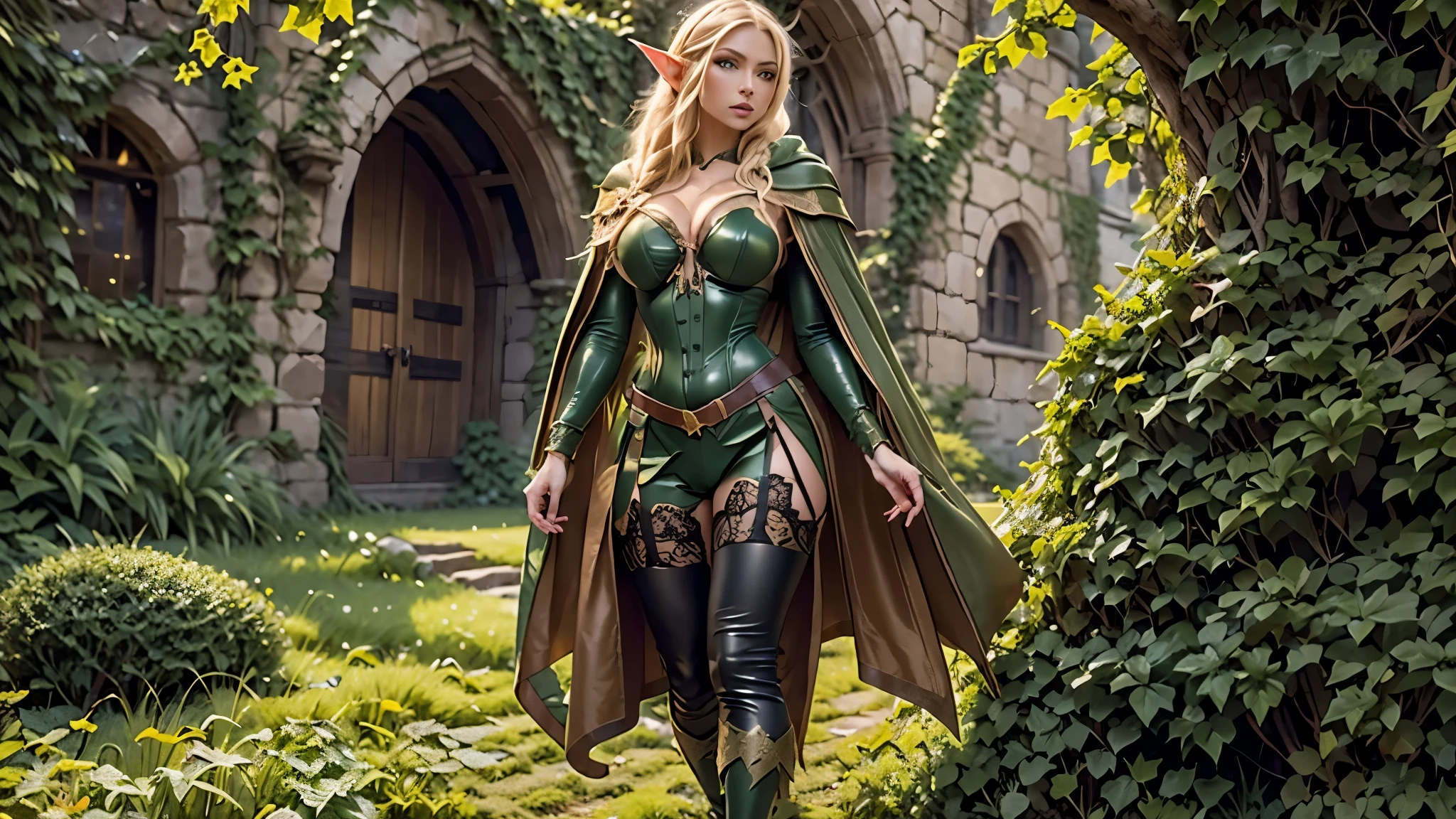 (masterpiece, best quality:1.2), solo8k, (full view of body), Elf ears, Huge breast, (1 woman, elven featured face, seductive expression, massive bulging breast, beautiful green eyes, braided blonde hair, thick hips, narrow shoulders, hourglass, thick bush, camel toe), (leather green hooded cape, thin braided leather straps, gartered bustier and panty, elven designed outfit, gold laced ivy leaf pattern), (medieval setting, stone ruins, ivy vines, oak forest, great oak background),