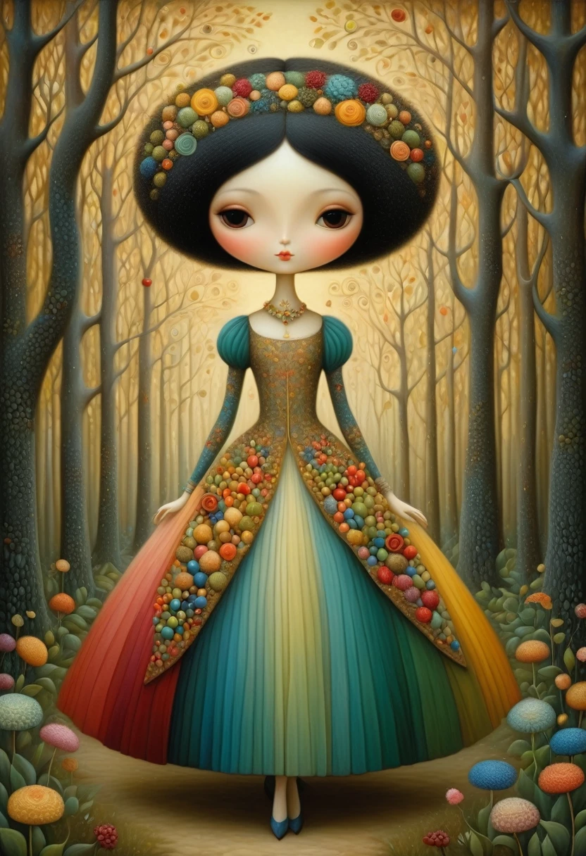 Patchwork by Klimt, Nicoletta Ceccoli, Naoto Hattori, Lawrence Didier, Leonora Carrington of European Woman with short black hair and a long wide skirt, walks in beautiful forest with strangely shaped trees of many colors, holds flowers and berries in his hands. warm colors