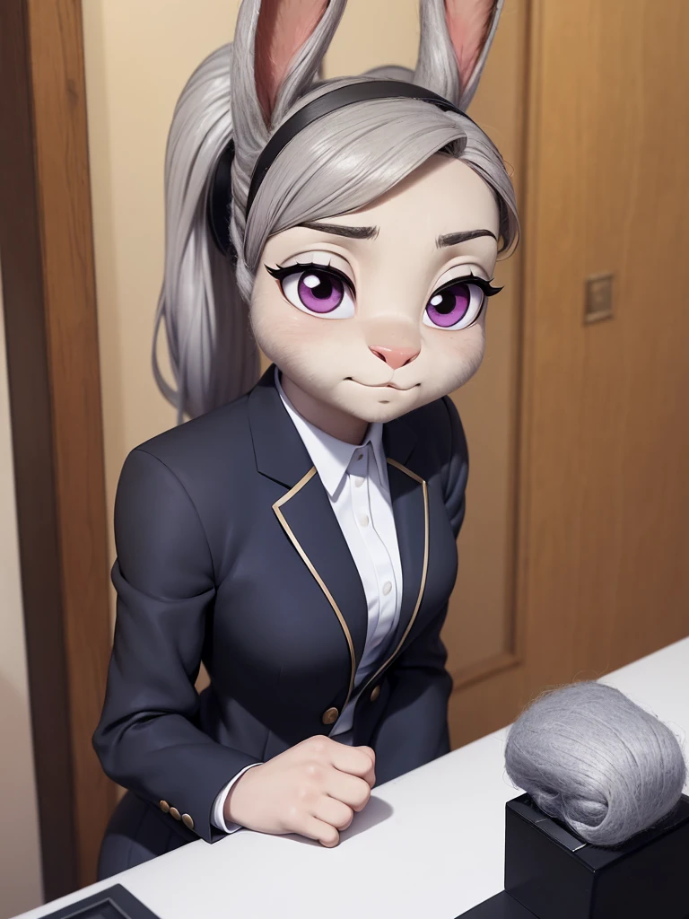 best quality, masterpiece, 3D anime, (((solo))), (((1girl))), ((Face is JudyHopps)), (long ears like a rabbit:0.8), Heir is black ponytail style, Body is human lady, Navy blue business suit, Tailored jacket, White blouse, Skirt, (the suit is made of wool:1.4), suit color is {gray, black, stripe}, ((skin is silver with fluffy and fluffy)), (portrait view), In the background there is a office space, Her expression shows subtle makeup, with a sense of nervousness and determination, ((A nervous expression))