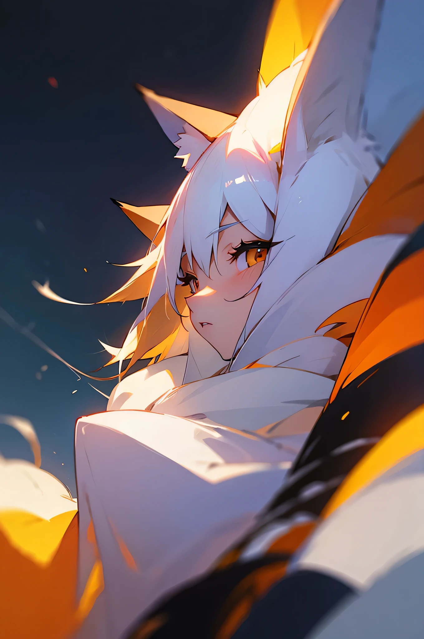 Fox Ears, Fox&#39;s Tail, - Girl sitting on a boat on the water,Glowing Eyes of Water Crystal, Sea Butterflies, Night Raid, Fairy Lights, Very deep sea, Shiny long hair, Nightcore, Very ethereal, Star Girl Dress.