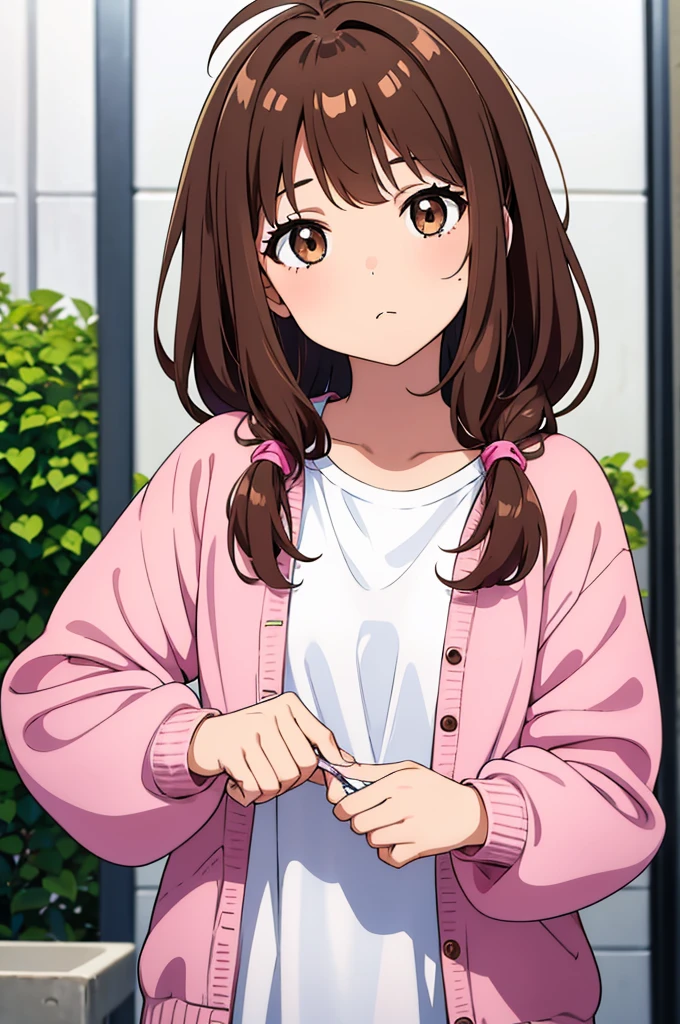 Create a girl () with messy hair and with a little pink clip on her hair, brown hair, brown eyes and also white skin