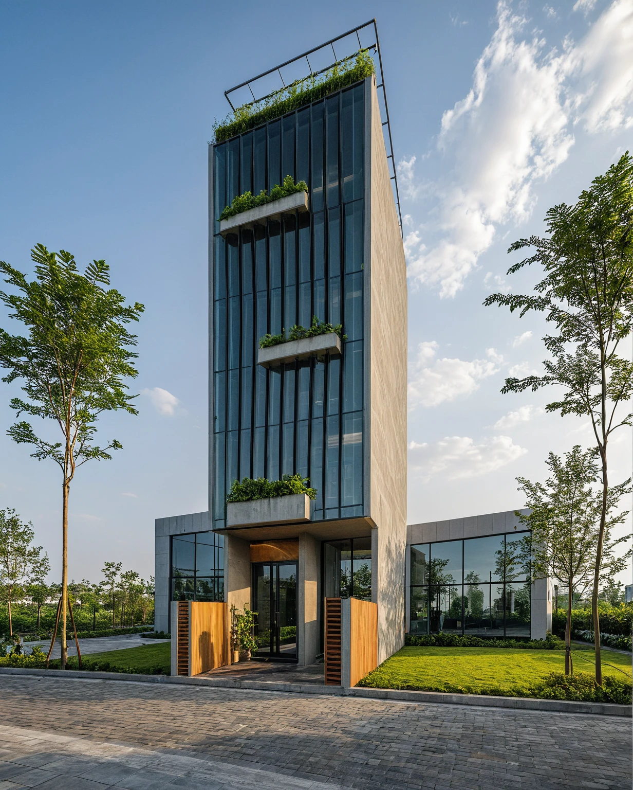 Masterpiece, high quality, best quality, curved wave curtain wall, luxury facade, authentic, super detail, outdoors, onestoreyofficeXL, aiaigroup, The office building stands tall with its sleek, modern design, characterized by extensive glass facades that reflect the sky and surrounding cityscape. Large, floor-to-ceiling windows are fitted with stylish sun-shading louvers, ensuring a comfortable and energy-efficient environment inside. The front of the building is adorned with lush greenery, featuring a variety of plants and trees that add a touch of nature to the urban setting. People are walking briskly in front of the building, some engaged in conversation, while others are focused on their destinations. The atmosphere is bustling yet orderly, encapsulating the dynamic and productive spirit of the area. , road,pavement, grass, trees, sky, cloud, (daylight:1.1), random style color exterior