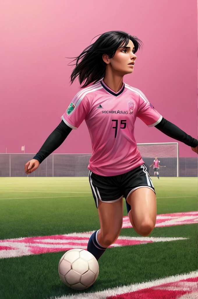 ((best quality)), ((masterpiece)), (detailed), perfect face tender with black hair, playing soccer on a soccer field with a pink shirt pink background with soccer field