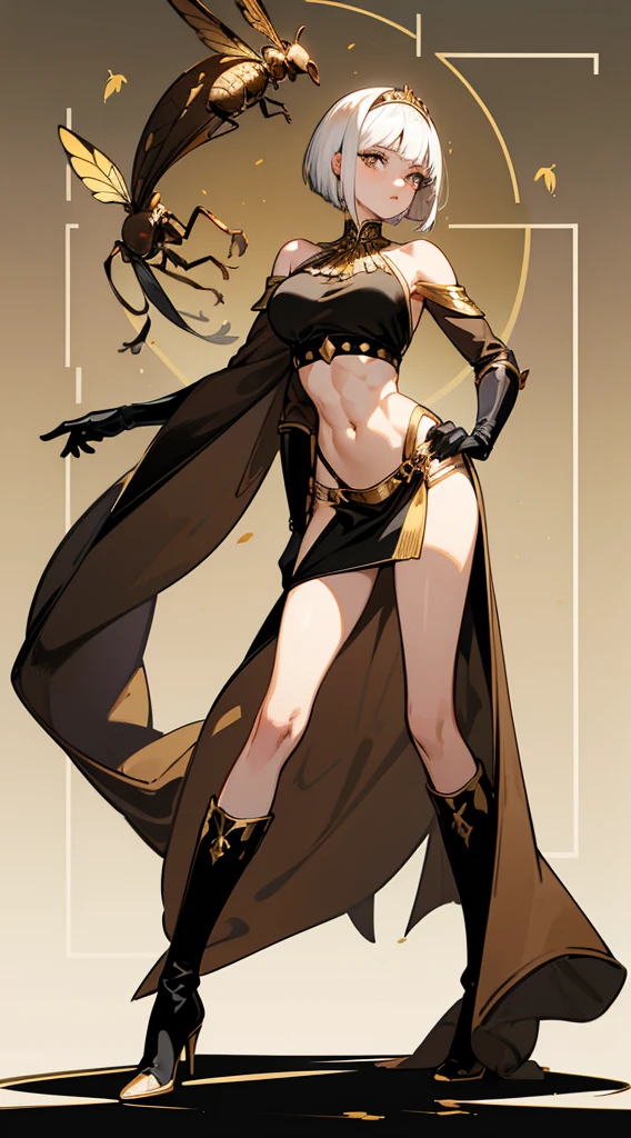 beautiful woman, white hair, short Cleopatra style hair, ((crew cut: 1)), light brown eyes, fair skin, ((muscular: 1)), female, 28 years old Wearing a black blouse, gold details, brown shawl leather, gray open-leg skirt, black boots, long black gloves, flies, insects, beetles, ants. dry leaves falling to the bottom, queen of the plague.