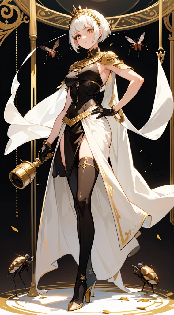 beautiful woman, white hair, short Cleopatra style hair, ((crew cut: 1)), light brown eyes, fair skin, ((muscular: 1)), female, 28 years old Wearing a black blouse, gold details, brown shawl leather, gray open-leg skirt, black boots, long black gloves, flies, insects, beetles, ants. dry leaves falling to the bottom, queen of the plague.