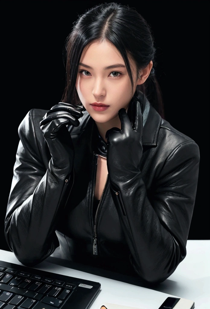 Hands wearing black leather gloves, Upper Body, Black suit, Facing the desk and computer in the room in the dark, While looking at the screen，While tapping the keys on the keyboard with his fingertips wearing black leather gloves, Black hair tied behind the head for a long time, Female new hires in Japan (Black leather gloves worn on both hands) (The angle is positive)