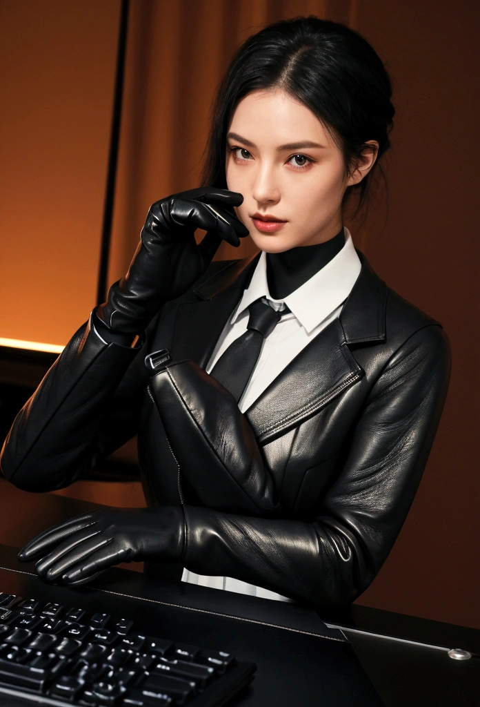 Hands wearing black leather gloves, Upper Body, Black suit, Facing the desk and computer in the room in the dark, While looking at the screen,While tapping the keys on the keyboard with his fingertips wearing black leather gloves, Black hair tied behind the head for a long time, Female new hires in Japan (Black leather gloves worn on both hands) (The angle is positive)