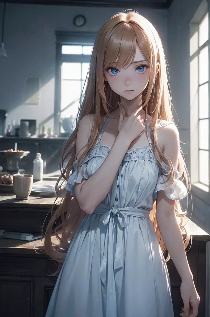 ((1 Female, 1 person, Solitary) Alice,  Humanity, Long curly blond hair, blue eyes, freckle, teenager, 18 years, Rebirth_ongoing) (Main Part, Super detailed, 8K, (HD, Sunlight:0.5, Soft_shadow:0.5, atmosphere_light, 8K, 4K, Surrealism, elegant, ((((Appearance)))), Soft Ton, 柔和的light))(((Dark, Chiaroscuro)))