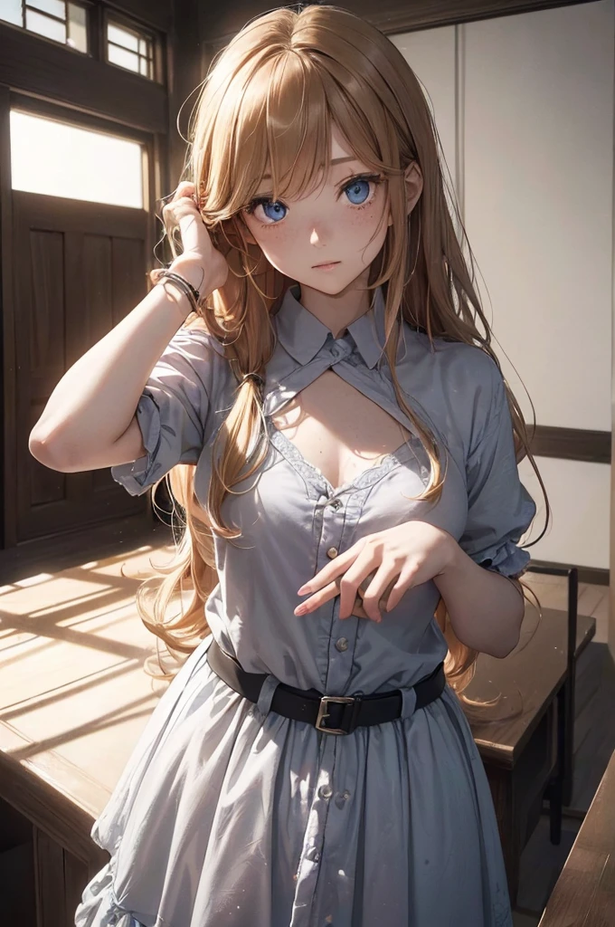 ((1 Female, 1 person, Solitary) Alice, Humanity, Long curly blond hair, blue eyes, freckle, teenager, 18 years, Rebirth_ongoing) (Main Part, Super detailed, 8K, (HD, Sunlight:0.5, Soft_shadow:0.5, atmosphere_light, 8K, 4K, Surrealism, elegant, ((((Appearance)))), Soft Ton, 柔和的light))(((Dark, Chiaroscuro)))