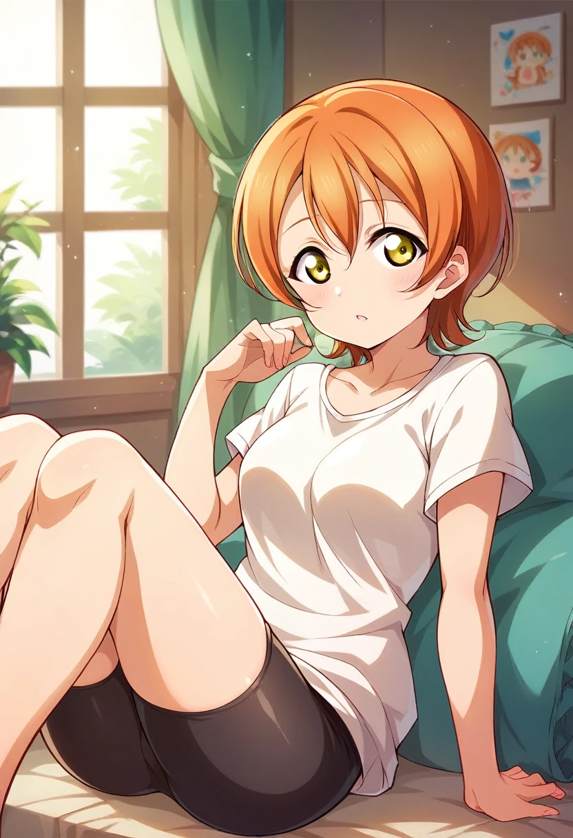 Masterpiece, best quality,Hoshizora rin,solo ,yellow eyes, short hair,orange hair, White Top,Bike shorts, sitting, chibi style,  arms behind,love live style , indoors 