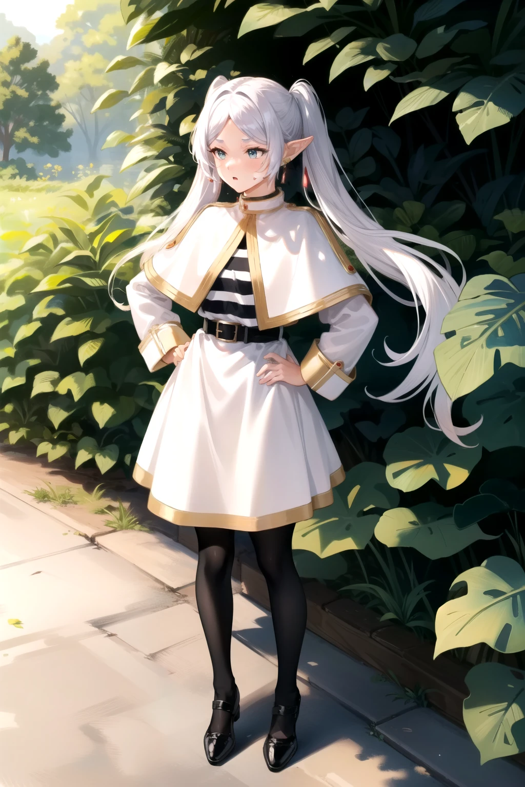 (masterpiece, best quality),  intricate details,
1girl,     frieren, long hair, pointy ears, jewelry, earrings, twintails, long sleeves, capelet, white capelet, dress, parted bangs, white dress, belt, pantyhose
sweating, outdoors, jungle, hot,  hands on hips, bored, full body illustration, 