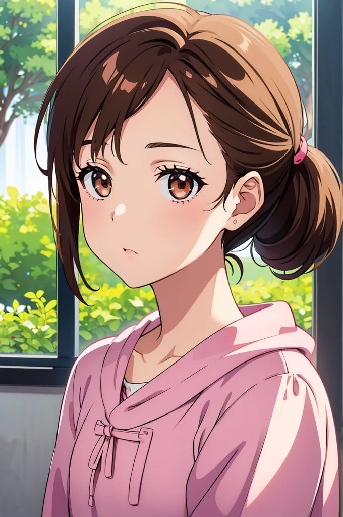Create a girl (12 years old) with messy short hair and a ponytail. With a little pink clip on her hair, brown hair, brown eyes and also white skin