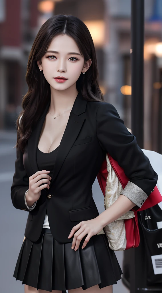best quality, masterpiece, 1girl, Beautiful face, (photo realistic:1.3), rim lighting, (high detailed skin:1.2), 8k uhd, dslr, high quality, high resolution, 4k, 8k, Bokeh, absurdres, best ratio four finger and one thumb, (realistic:1.3), cute 1girl, wearing black formal blazer, medium breasts, short skirt,