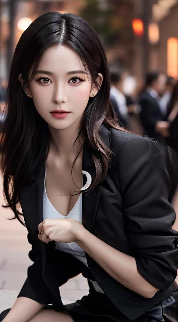best quality, masterpiece, 1girl, Beautiful face, (photo realistic:1.3), rim lighting, (high detailed skin:1.2), 8k uhd, dslr, high quality, high resolution, 4k, 8k, Bokeh, absurdres, best ratio four finger and one thumb, (realistic:1.3), cute 1girl, wearing black formal blazer, medium breasts, short skirt,