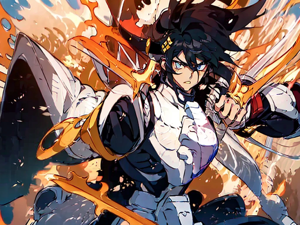 (masterpiece, 32k anime ultra HD, anime style, 1980s /(style/), retro art style, clean brush strokes, highly detailed, perfect ???????), ((KIKOUTEI)), 1 man, solo, (black hair, medium long hair, messy hair, asymmetrical parting in the bangs, hair blowing in the wind), (blue eyes, detailed eyes), straight face, cowboy shot, (huge chest: 1.7, white armor, Emperor Ki's armor, super detailed), thin waist: 1.0, wide hips 1.4, (waist armor, Emperor Ki's, super detailed), (standing, leaning low, legs spread, holding a samurai sword), looking at the viewer, (flaming background, in fire), (front view, shot from below), holding a samurai sword in his hand,