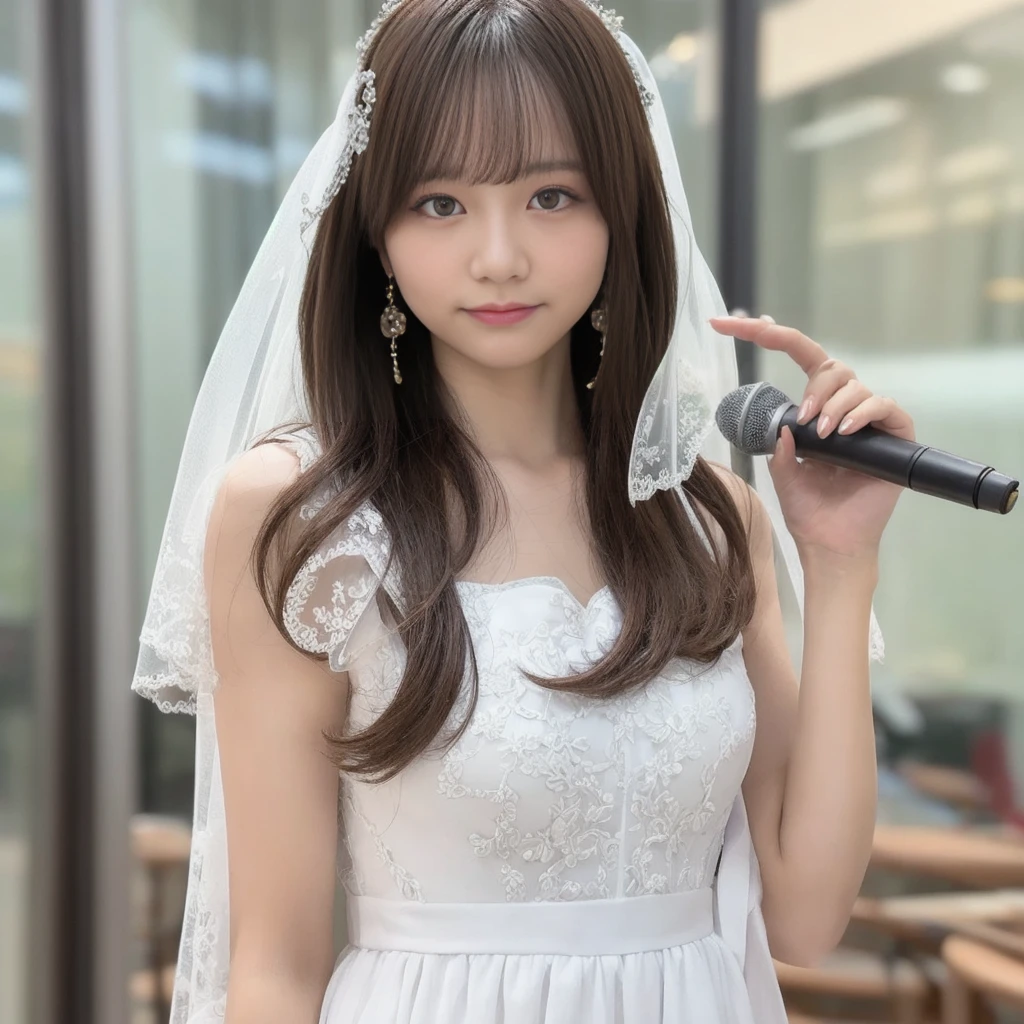 A beautiful young Japanese idol in a white dress and veil holding a microphone. Extremely detailed and realistic portrait, intricate anime cosplay, Instagram model, artcore style, lost in reverie. 8k resolution, Canon EOS R6 photography, background is bright, female body.
