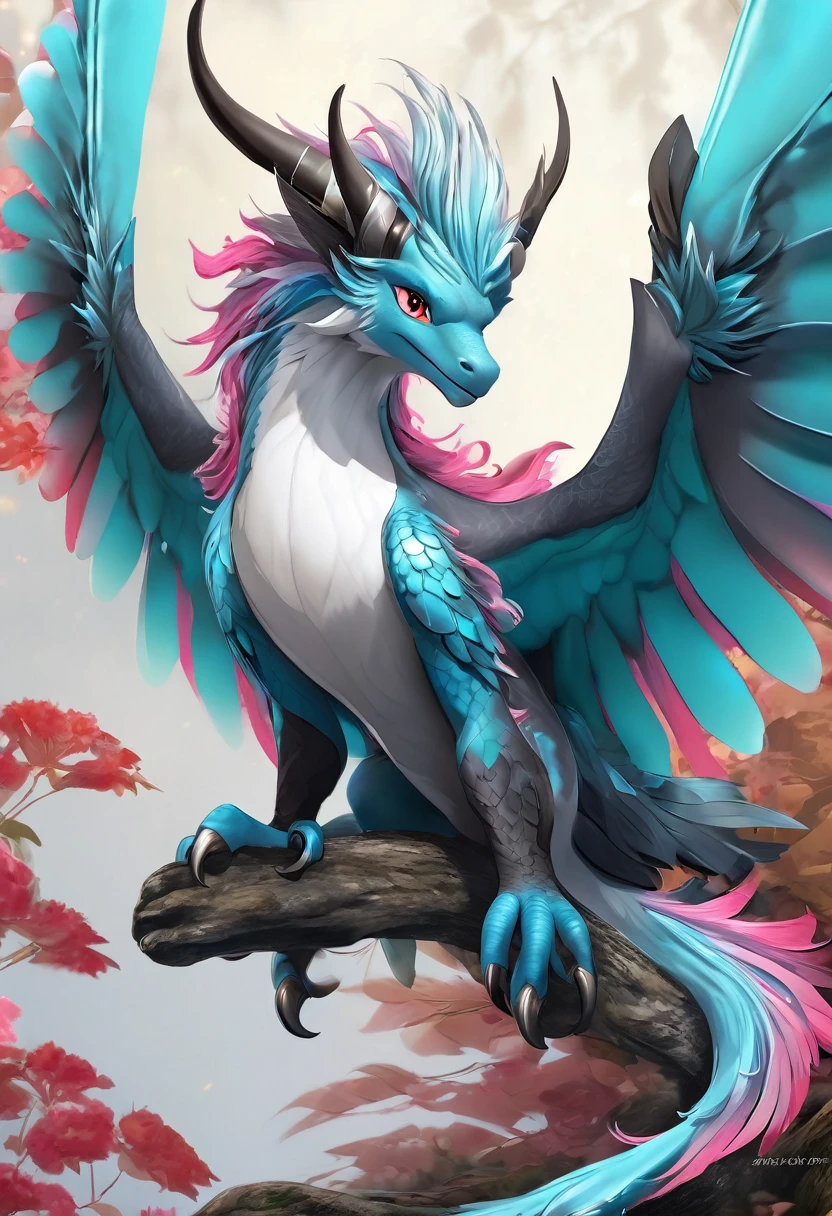 (((((super-detailed))))), ((((super-detailed red dorsal fin)))), ((((super-detailed red tail frill)))), ((((perfect mane)))), ((((perfect messy hair)))), ((((full-body)))), ((((waist wings and dorsal wings)))), ((((Distinctive scales)))), dragon, muscular_male, (((abs))), messy bangs, (four wing), [Mostly-desaturated-dark-pink] dorsal fin, [Mostly-desaturated-dark-pink] tail frill, small wings, [Mostly-desaturated-dark-pink] wing membrane, [Dark-grayish-orange] wing claws, yellow eyes, ((black horn)), straight horns(horns have white intervals), Grayish-blue nose, Grayish-blue upper face, Grayish-blue body scales, silver belly scales, silver profile, Very-dark-grayish-cyan mane, Verydark-grayish-cyan hair, thick neck, long_neck, silver chin, silver neck, standing