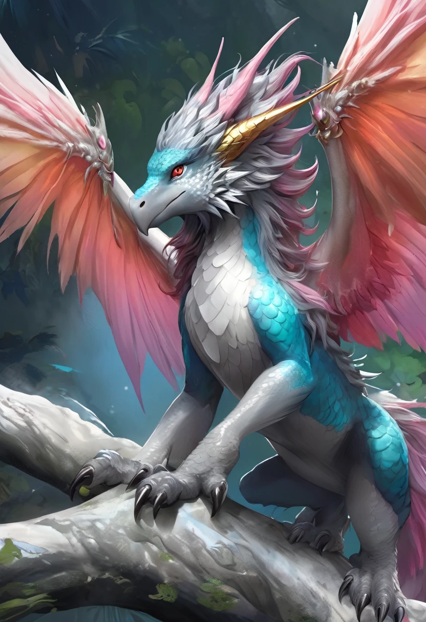 (((((super-detailed))))), ((((super-detailed red dorsal fin)))), ((((super-detailed red tail frill)))), ((((perfect mane)))), ((((perfect messy hair)))), ((((full-body)))), ((((waist wings and dorsal wings)))), ((((Distinctive scales)))), dragon, muscular_male, (((abs))), messy bangs, (four wing), [Mostly-desaturated-dark-pink] dorsal fin, [Mostly-desaturated-dark-pink] tail frill, small wings, [Mostly-desaturated-dark-pink] wing membrane, [Dark-grayish-orange] wing claws, yellow eyes, ((black horn)), straight horns(horns have white intervals), Grayish-blue nose, Grayish-blue upper face, Grayish-blue body scales, silver belly scales, silver profile, Very-dark-grayish-cyan mane, Verydark-grayish-cyan hair, thick neck, long_neck, silver chin, silver neck, standing