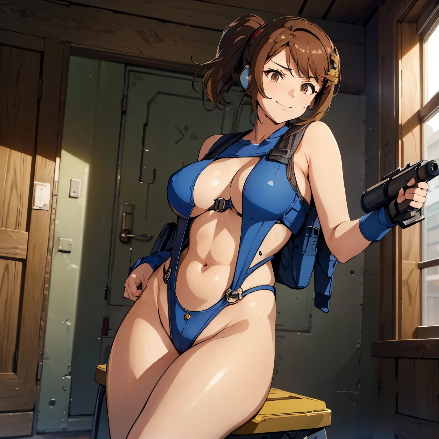 Imperial Guard Combat Uniform Swimsuit, o-ring bikini, v gundam, swimsuit, absurdres, highres, solo, cowboy shot, 1girl, neneka nibrou \(cosplay\), wristband, headphone, holster, backpack, holding gun, aiming, perfect hands, wind, (highres,best_quality,masterpiece), large breast, huge breast, srw_olive, brown hair brown eyes, ((side ponytail)), hair clip, swept bangs, smile, sitting on chair