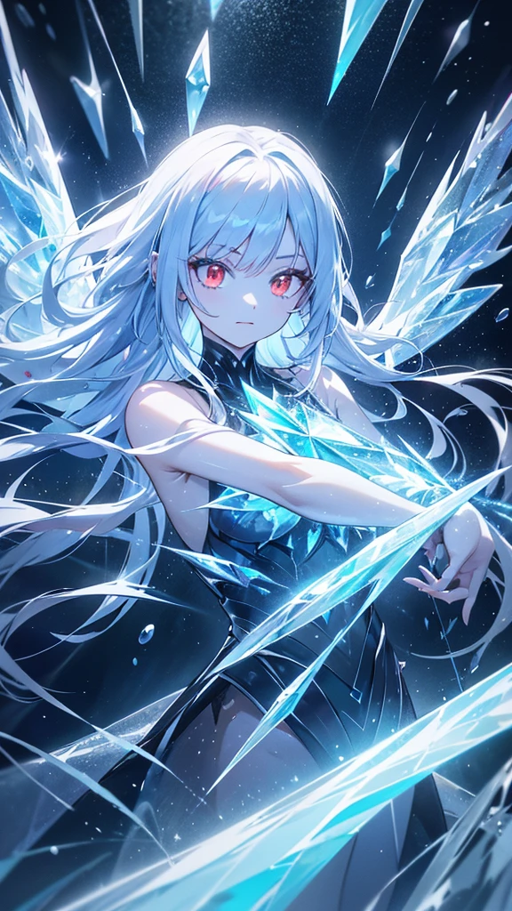 A beautiful, crystal-clear demonic girl, her hair shining like crystal, transparent ice wings, sharp piercing red eyes, an icy world, ice particles, brilliant reflections, beautiful, fantastical, best quality, 8k, hyper-detailed, masterpiece