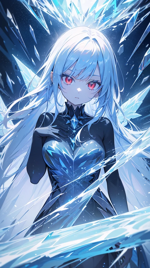 A beautiful, crystal-clear demonic girl, her hair shining like crystal, transparent ice wings, sharp piercing red eyes, an icy world, ice particles, brilliant reflections, beautiful, fantastical, best quality, 8k, hyper-detailed, masterpiece