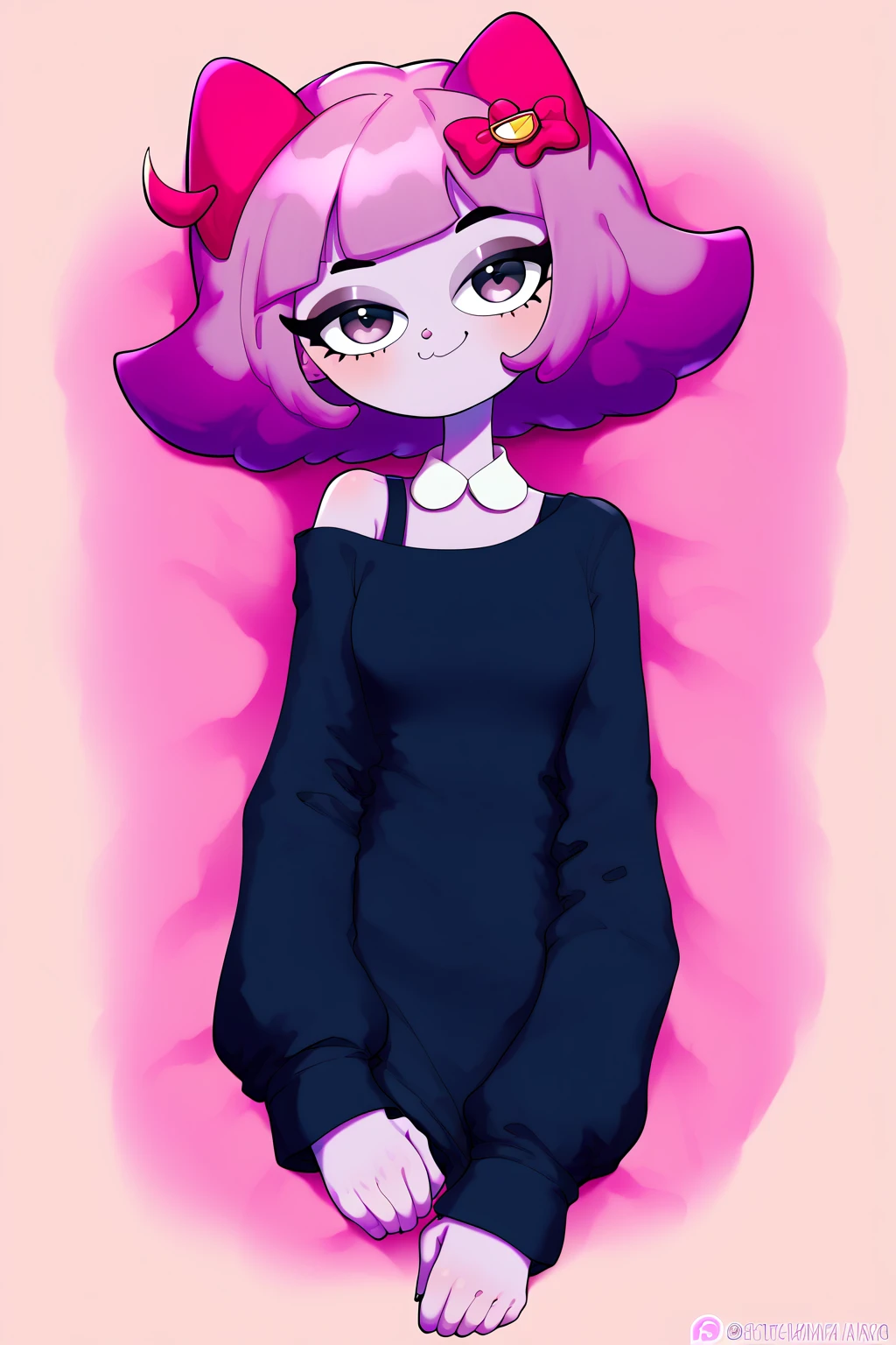 masunya, masyunya (vkontakte), masyunya /(vkontakte/), cat ears, purple skin color, hair bow, (purple hair color:1.1), Dressed in black underwear, beautiful hips, cat tail, lying on the bed, looking at the viewer, a sly smile, detailed, beautiful, delicate tones, specks of dust in the air, CuteStyle