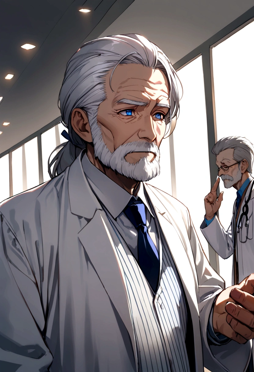 60 years old man, white hair, white beard, blue eyes, white blouse, doctor